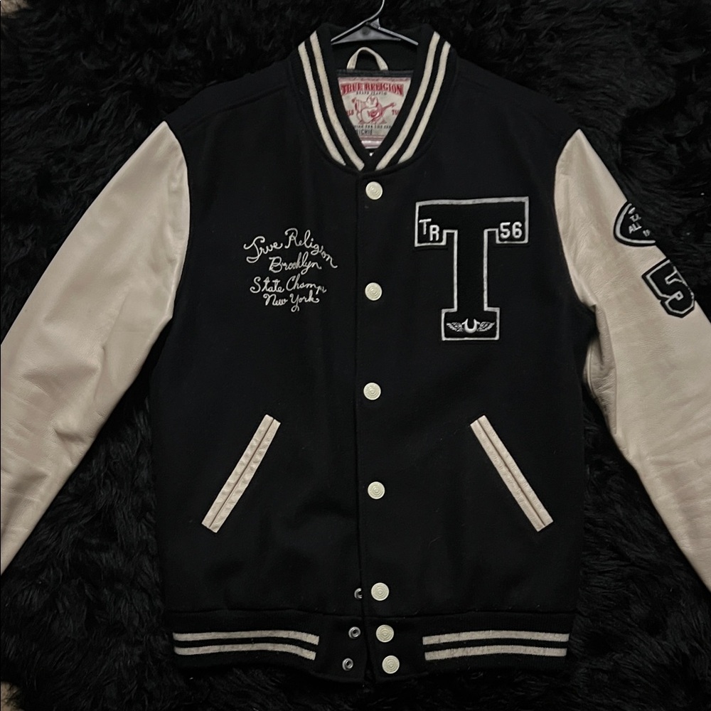 True Religion Black and Cream Varsity Jacket